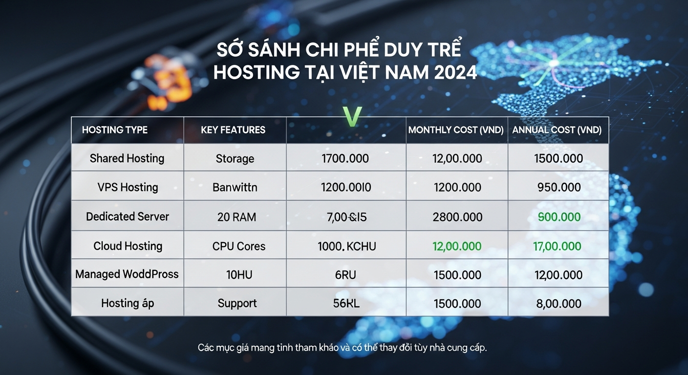 hình ảnh minh họa bảng so sánh chi phí duy trì hosting theo từng loại và tính năng khác nhau ở Việt Nam năm 2024