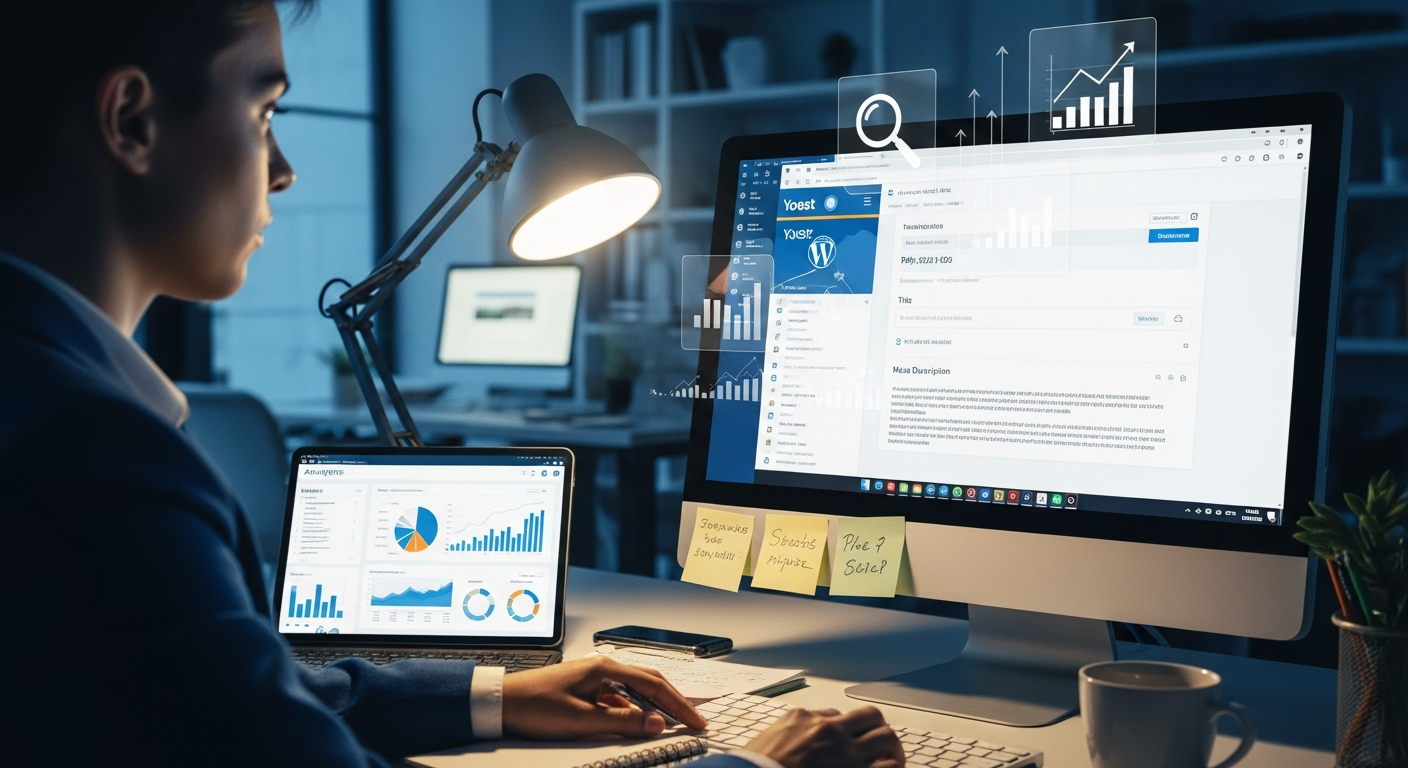 Hình ảnh chuyên gia SEO đang làm việc trên máy tính, minh họa việc áp dụng các mẹo tối ưu thẻ Title và Meta Description trong thực tế, với biểu tượng WordPress.