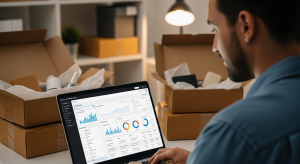A person managing online orders on a laptop, with a website dashboard and shipping boxes in the background, illustrating efficient order management.