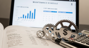 Website maintenance costs, showing financial planning, gears, and a website interface on a digital screen.