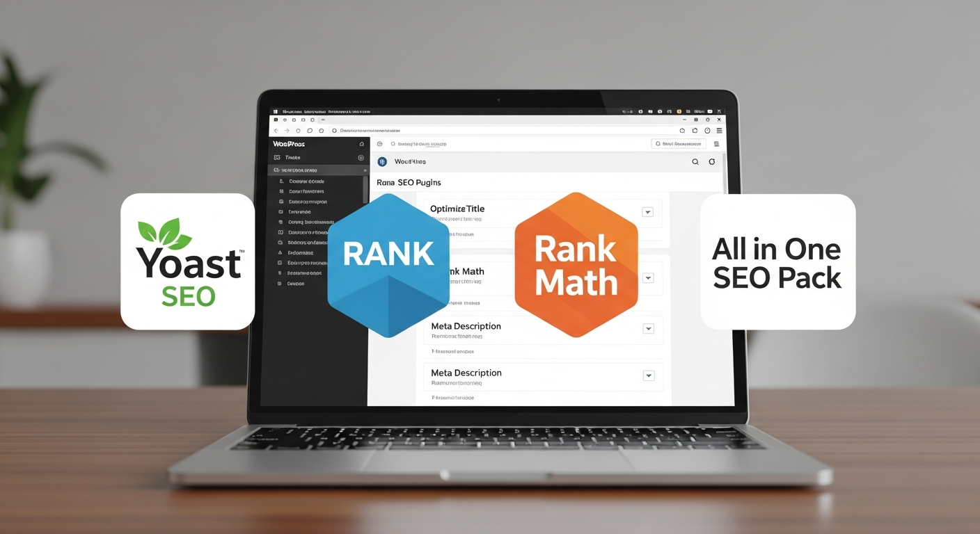 Các logo của plugin SEO phổ biến như Yoast SEO, Rank Math, All in One SEO Pack, thể hiện công cụ hỗ trợ tối ưu thẻ Title và Meta Description trên nền tảng WordPress.