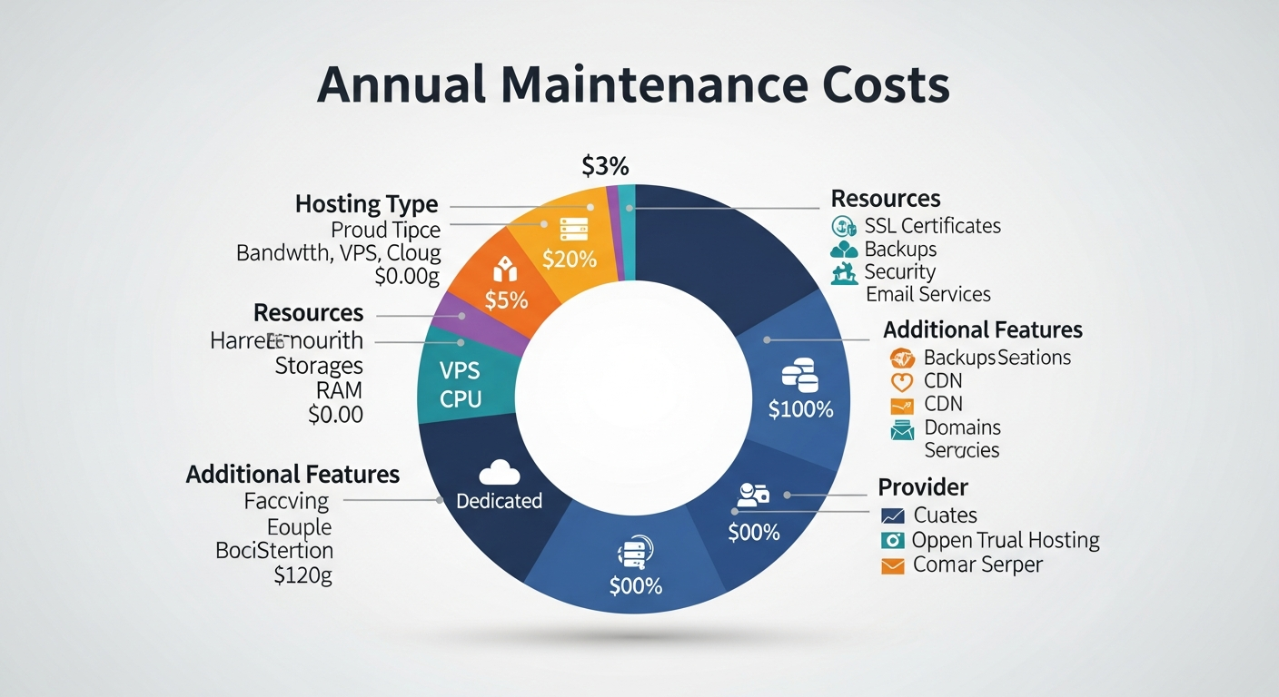 biểu đồ thể hiện các yếu tố cấu thành chi phí duy trì hosting hàng năm như loại hosting, tài nguyên, tính năng bổ sung và nhà cung cấp