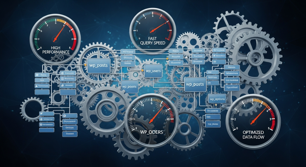 A stylized graphic of a WordPress database schema with gears and speedometers, representing efficient data management and improved website performance.
