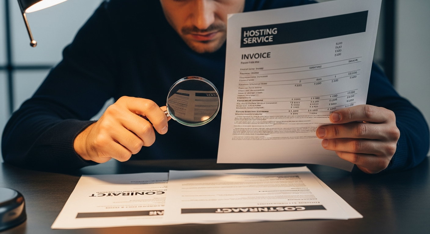 hình ảnh một người đang soi kỹ hóa đơn và hợp đồng dịch vụ hosting để phát hiện các khoản phí ẩn và đảm bảo sự minh bạch về chi phí
