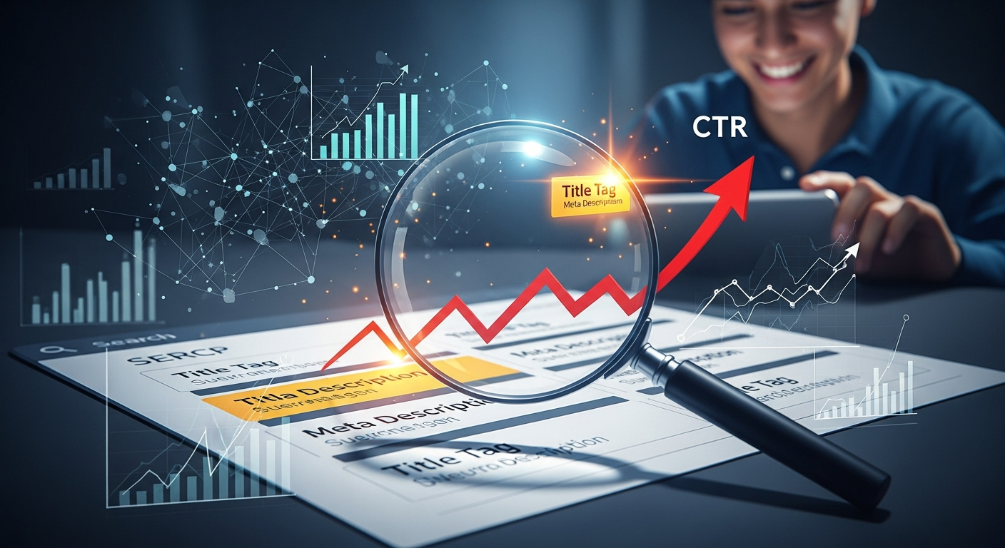 Hình ảnh minh họa tầm quan trọng của thẻ Title và Meta Description trong SEO, với các yếu tố như CTR, thứ hạng tìm kiếm và trải nghiệm người dùng.