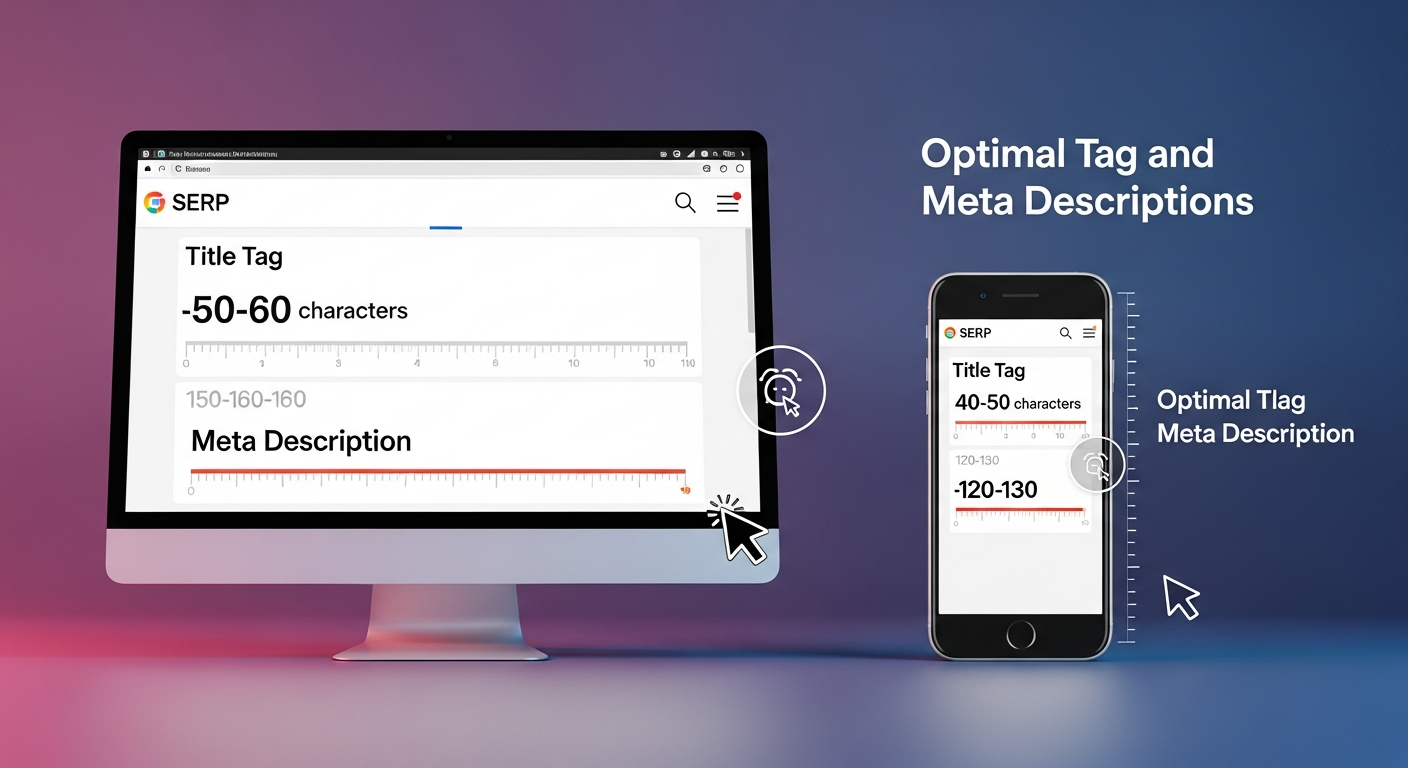 Biểu đồ hoặc hình ảnh so sánh độ dài tối ưu của thẻ Title và Meta Description trên các thiết bị khác nhau, bao gồm máy tính và di động.
