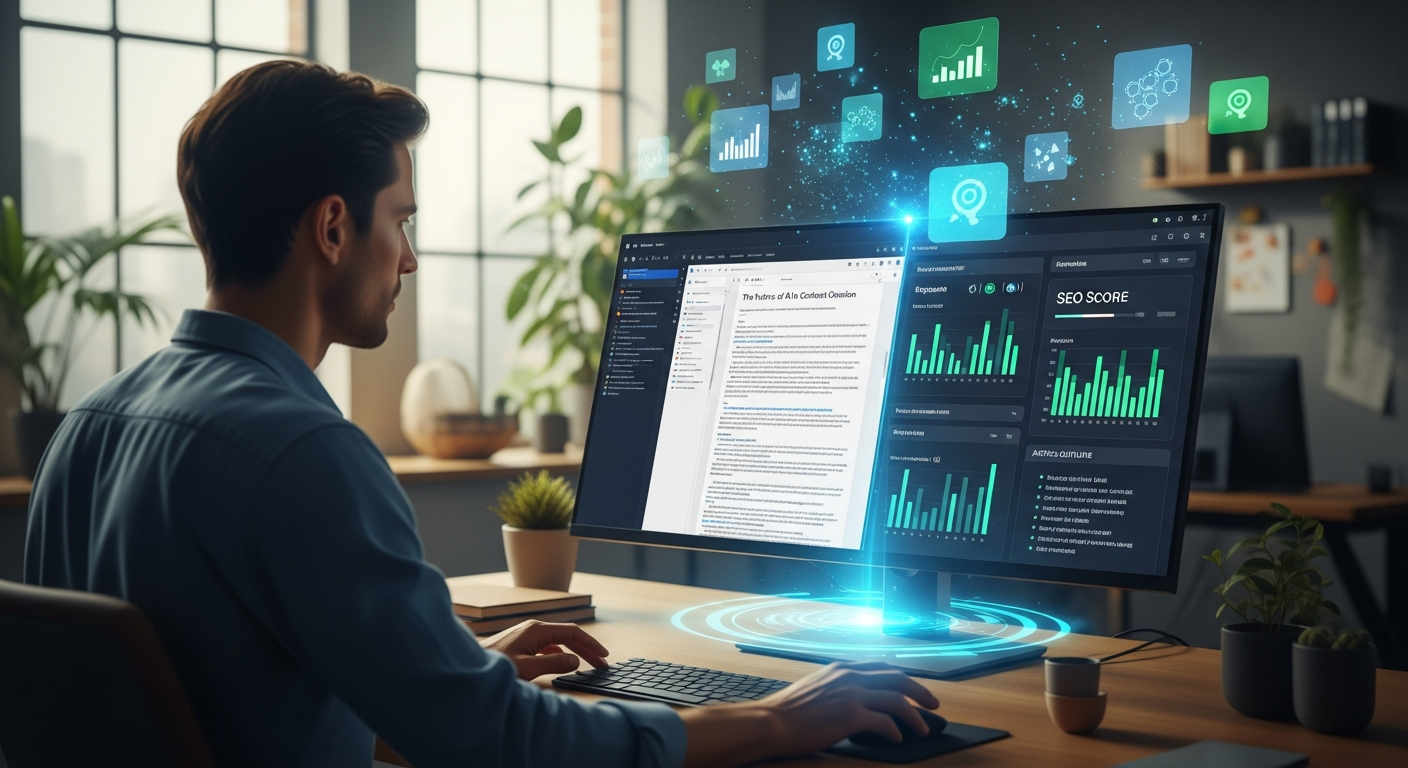 Minh họa AI hỗ trợ content writer trong việc nghiên cứu và phác thảo bài viết chuẩn SEO cho WordPress