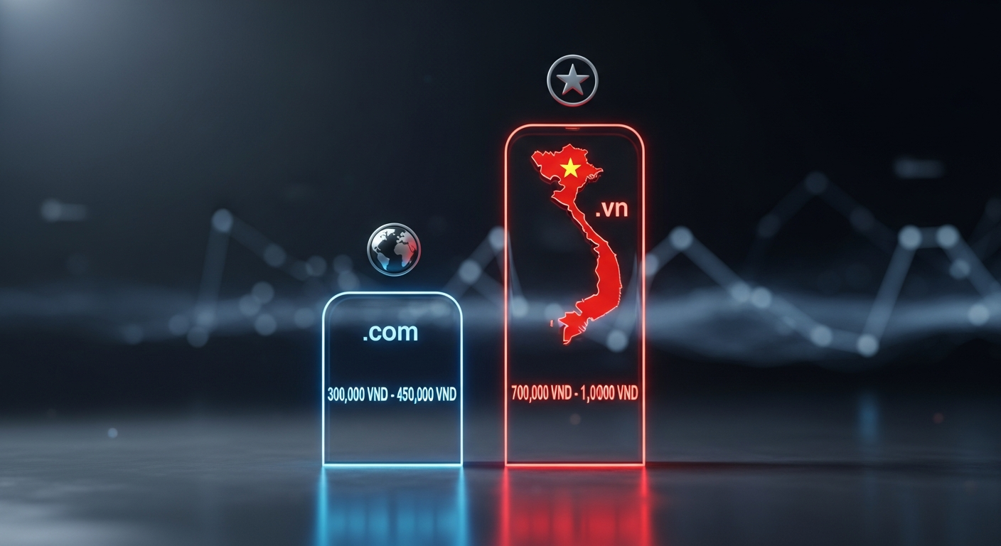 Hình ảnh minh họa các mức giá trung bình của tên miền quốc tế (.com) và tên miền Việt Nam (.vn) khi gia hạn hàng năm tại thị trường Việt Nam.