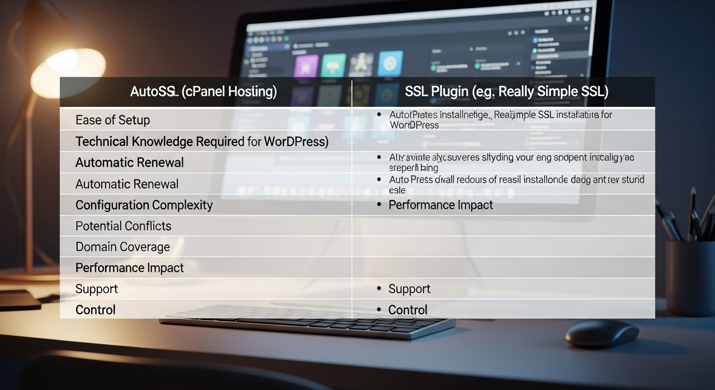 Một bảng so sánh chi tiết về hai phương pháp cài đặt SSL miễn phí cho WordPress, một bên là sử dụng tính năng AutoSSL của cPanel hosting, bên còn lại là dùng plugin như Really Simple SSL.