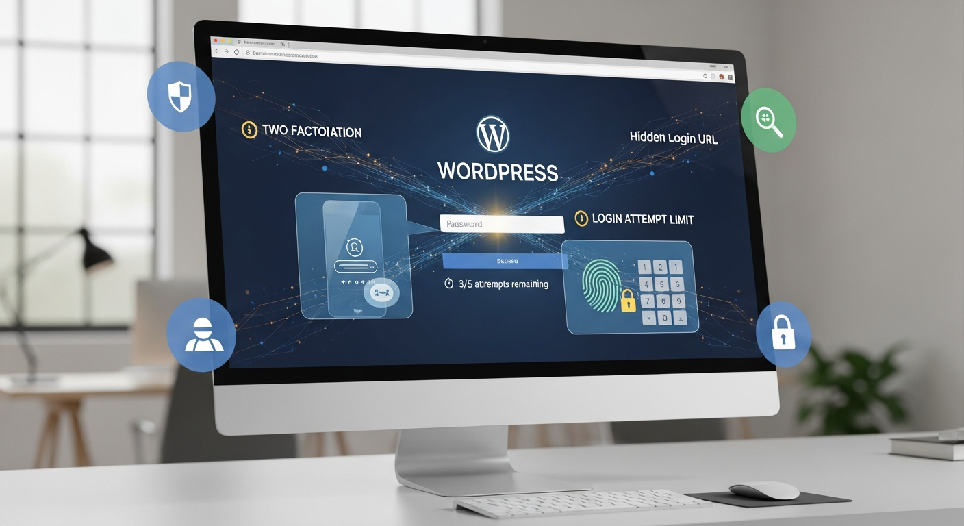 Hình ảnh minh họa việc sử dụng nhiều lớp bảo mật cho trang đăng nhập WordPress, bao gồm xác thực hai yếu tố, giới hạn số lần đăng nhập và ẩn URL đăng nhập, tăng cường an toàn cho tài khoản.