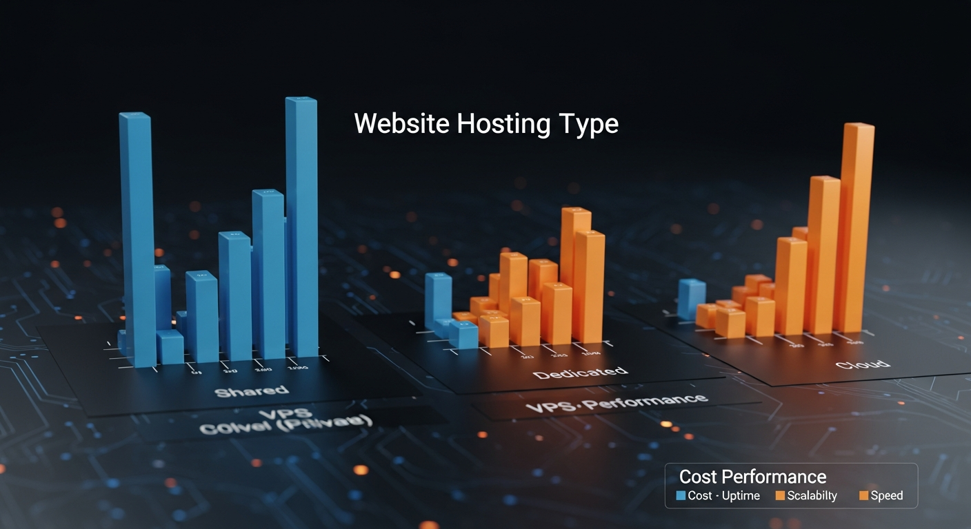 Biểu đồ minh họa sự khác biệt về chi phí và hiệu suất giữa các loại dịch vụ hosting như Shared, VPS, Dedicated, Cloud cho website.