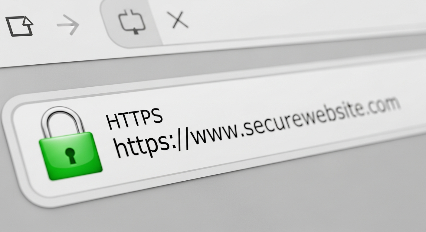 Hình ảnh cận cảnh thanh địa chỉ của trình duyệt web hiển thị biểu tượng ổ khóa màu xanh lá cây và tiền tố HTTPS, minh họa cho một website đã được cài đặt chứng chỉ SSL thành công.
