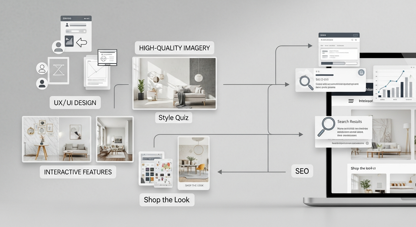 Sơ đồ hoặc hình minh họa các yếu tố quan trọng trong thiết kế website nội thất, bao gồm UX/UI, hình ảnh, tính năng tương tác và SEO.
