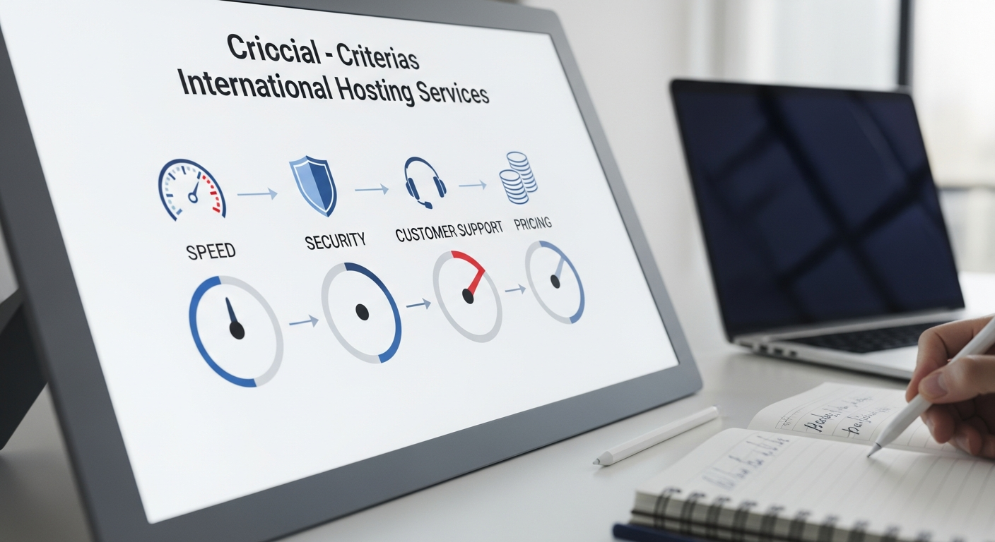 Hình ảnh biểu đồ các tiêu chí quan trọng khi lựa chọn dịch vụ hosting nước ngoài, bao gồm tốc độ, bảo mật, hỗ trợ khách hàng và giá cả, thể hiện sự cân nhắc kỹ lưỡng.