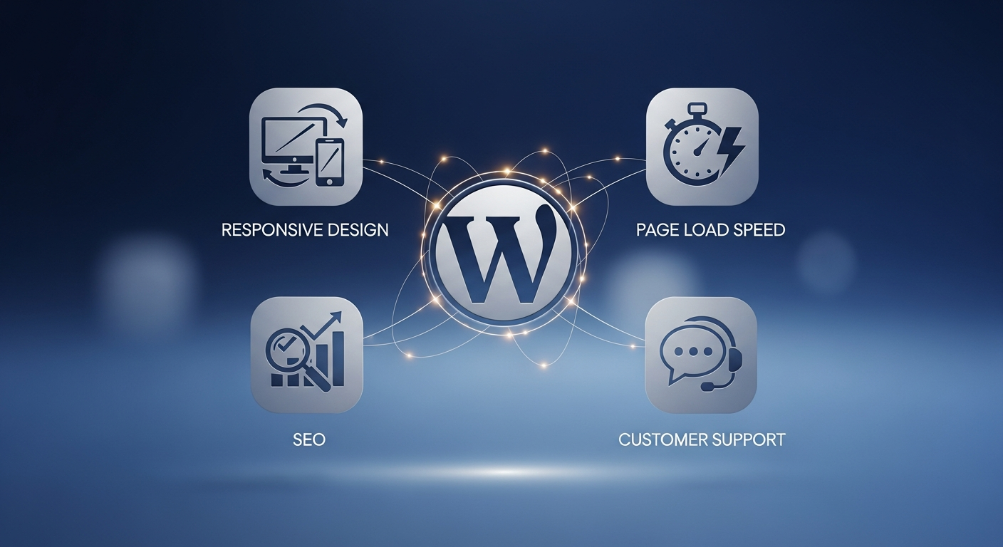 Hình ảnh minh họa các biểu tượng liên quan đến thiết kế responsive, tốc độ tải trang, SEO và hỗ trợ khách hàng, xếp xung quanh một biểu tượng WordPress lớn, đại diện cho các yếu tố quan trọng khi chọn theme.