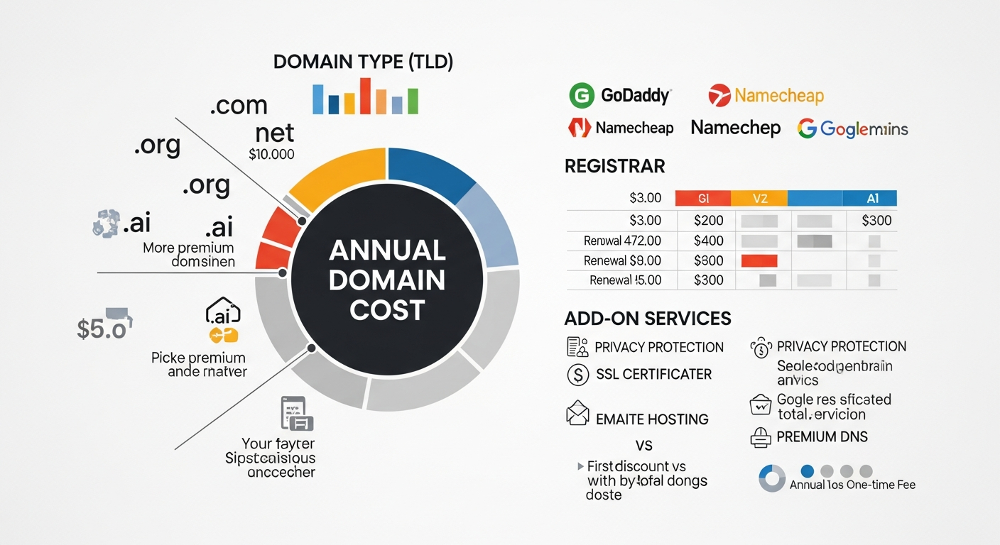 Biểu đồ hoặc hình minh họa các yếu tố như loại tên miền, nhà cung cấp, và dịch vụ bổ trợ tác động đến tổng chi phí tên miền hàng năm cho website.