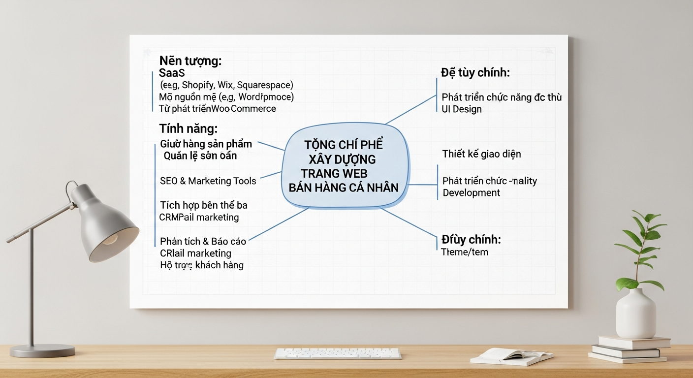 Sơ đồ tư duy thể hiện các yếu tố chính gây ảnh hưởng đến tổng chi phí khi xây dựng một trang web bán hàng cá nhân, bao gồm nền tảng, tính năng và độ tùy chỉnh.