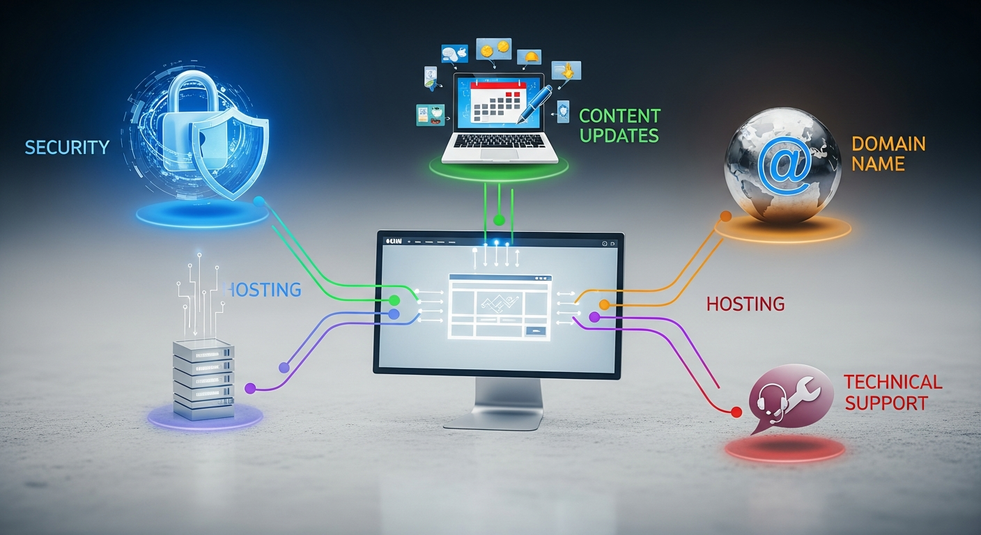 Hình minh họa các yếu tố chính ảnh hưởng đến chi phí duy trì website hàng năm, bao gồm bảo mật, cập nhật nội dung, hosting, tên miền và hỗ trợ kỹ thuật.