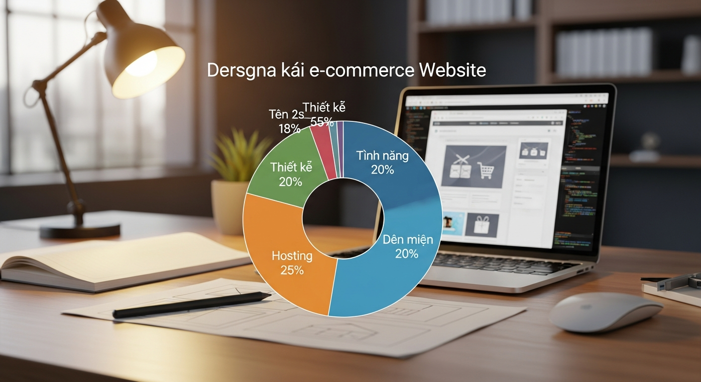 Biểu đồ minh họa các thành phần chính cấu thành chi phí khi thiết kế một website bán hàng dành cho cá nhân, bao gồm thiết kế, tính năng, hosting và tên miền.