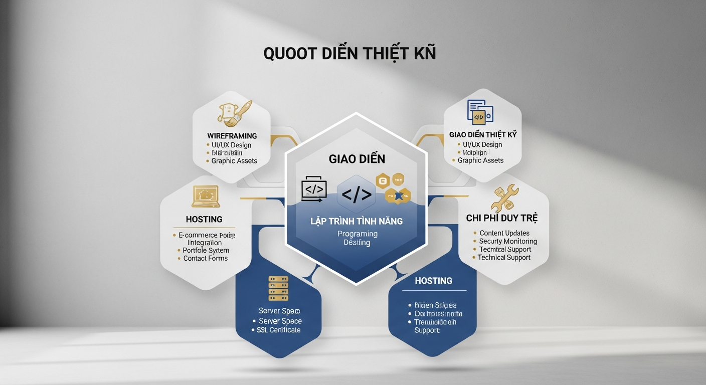 Một biểu đồ hoặc hình ảnh minh họa cấu trúc chi tiết của báo giá thiết kế website nội thất, bao gồm các hạng mục như thiết kế giao diện, lập trình tính năng, hosting, và chi phí duy trì.
