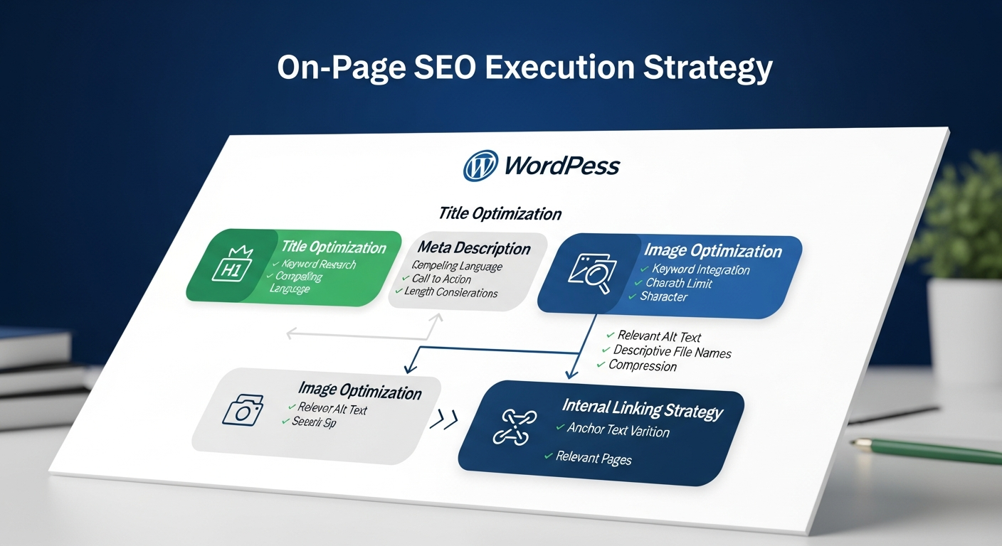 Sơ đồ hoặc biểu đồ mô tả chiến lược thực thi tối ưu SEO Onpage trên nền tảng WordPress, bao gồm các bước cụ thể như tối ưu tiêu đề, mô tả, hình ảnh và liên kết.