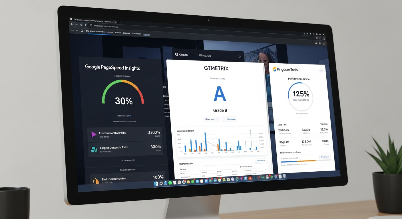 Hình ảnh màn hình máy tính hiển thị các giao diện của Google PageSpeed Insights, GTmetrix và Pingdom Tools, minh họa việc phân tích hiệu suất website.