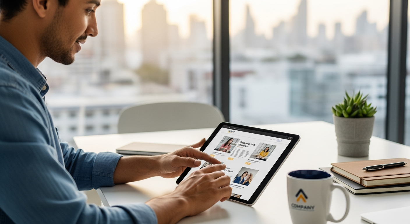 Doanh nghiệp nhỏ và vừa (SME) đang điều hành website trên máy tính bảng, thể hiện sự linh hoạt và tiếp cận khách hàng rộng rãi, xây dựng thương hiệu số mạnh mẽ.