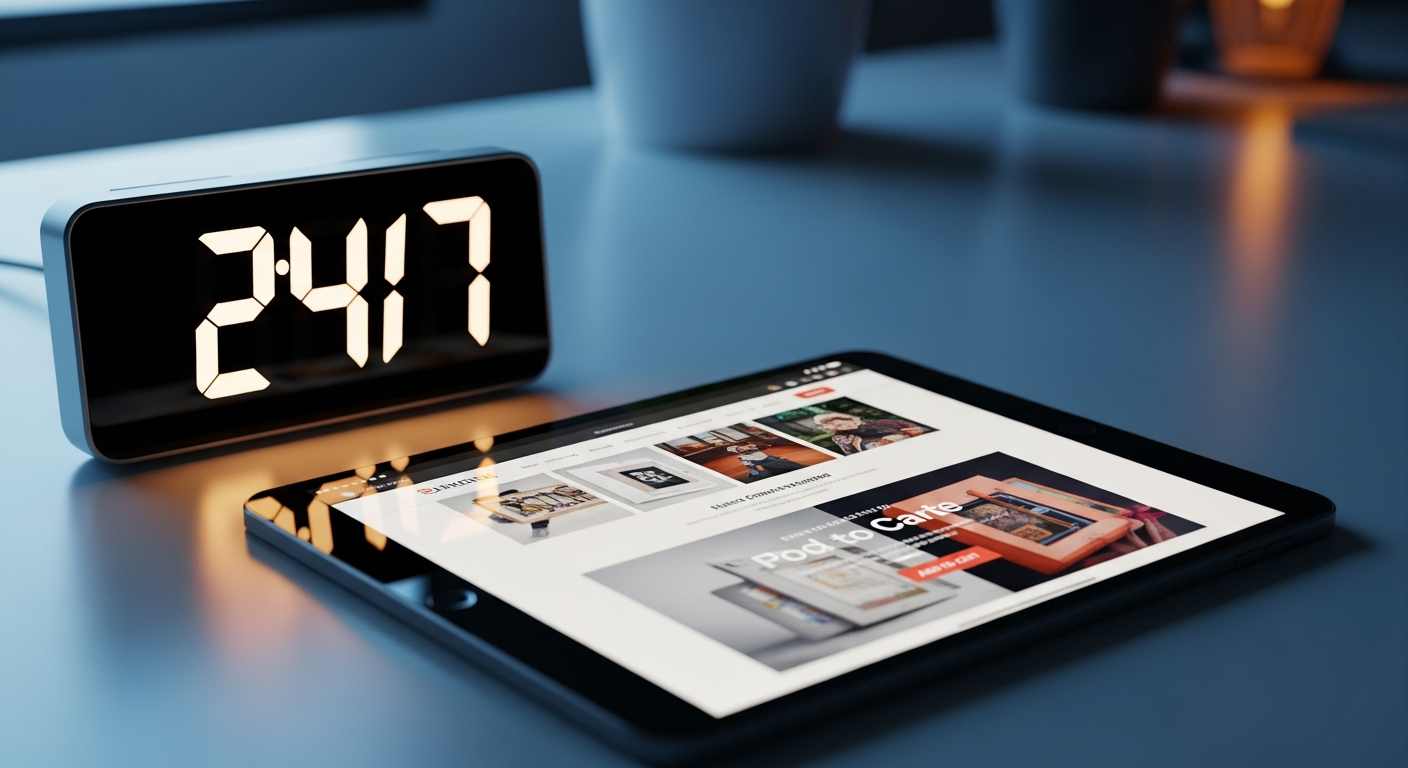 Hình ảnh một chiếc đồng hồ điện tử hiển thị 24/7 đặt cạnh một máy tính bảng đang mở trang web bán hàng, tượng trưng cho việc kinh doanh online không giới hạn thời gian.