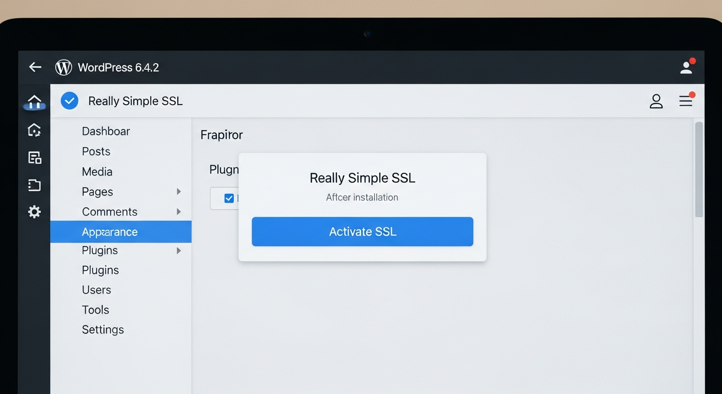 Ảnh chụp màn hình trang quản trị WordPress cho thấy giao diện của plugin Really Simple SSL sau khi cài đặt, với một nút lớn màu xanh yêu cầu người dùng kích hoạt SSL.