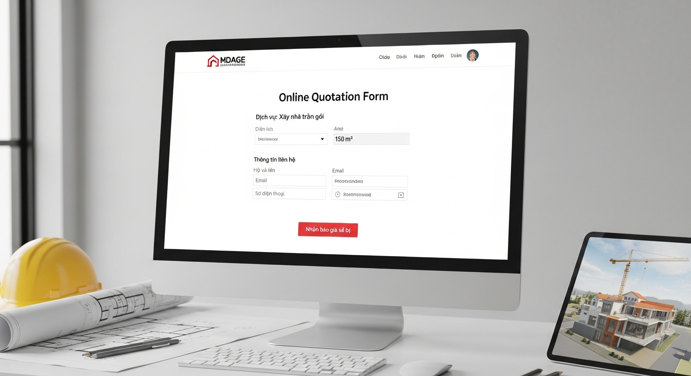 Form báo giá trực tuyến trên website công ty xây dựng, cho phép người dùng chọn loại hình dịch vụ, nhập diện tích và thông tin liên hệ để nhận báo giá sơ bộ.