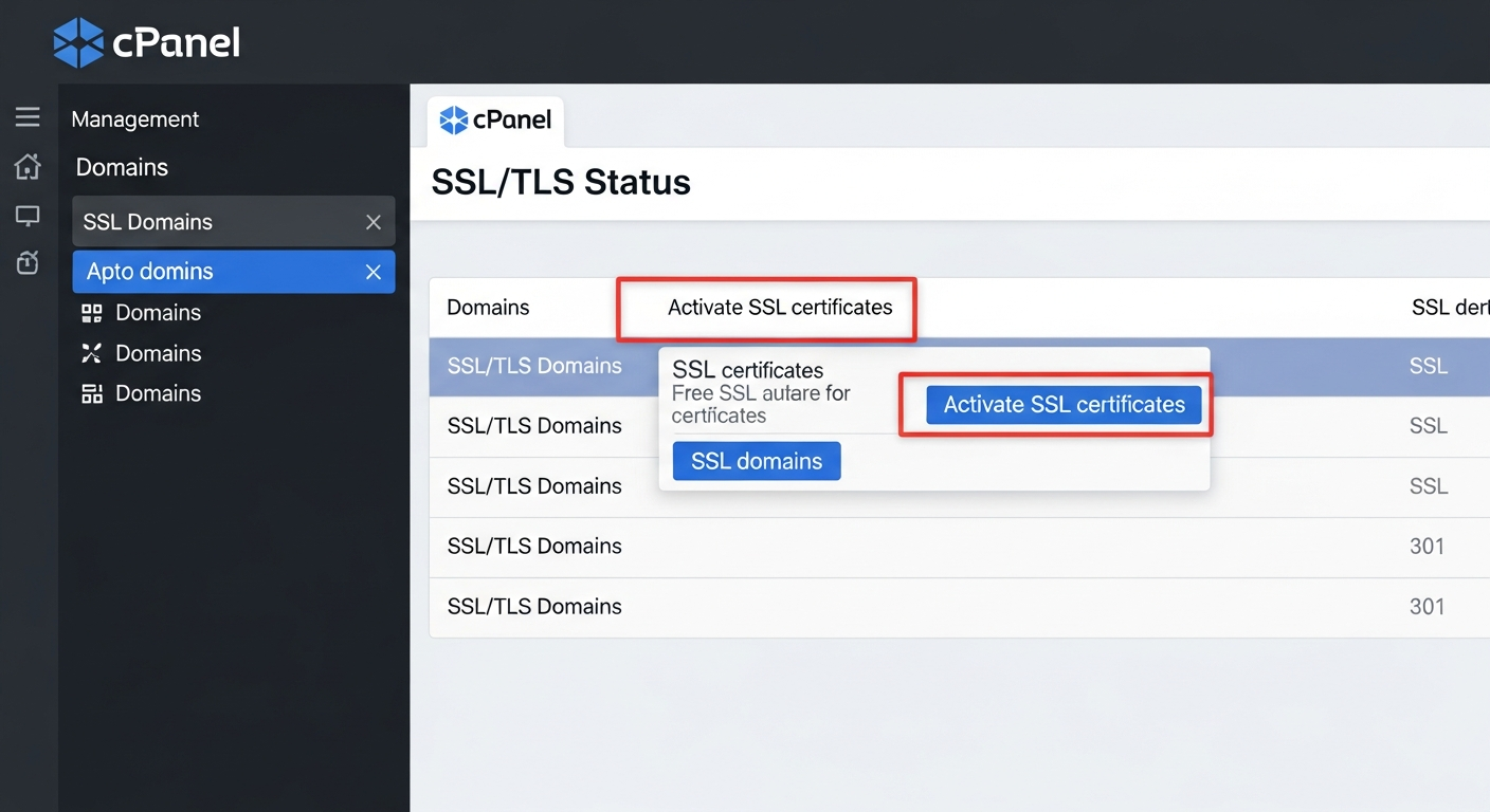 Ảnh chụp màn hình giao diện quản lý cPanel, làm nổi bật mục SSL/TLS Status, nơi người dùng có thể kích hoạt chứng chỉ SSL miễn phí cho tên miền của mình.