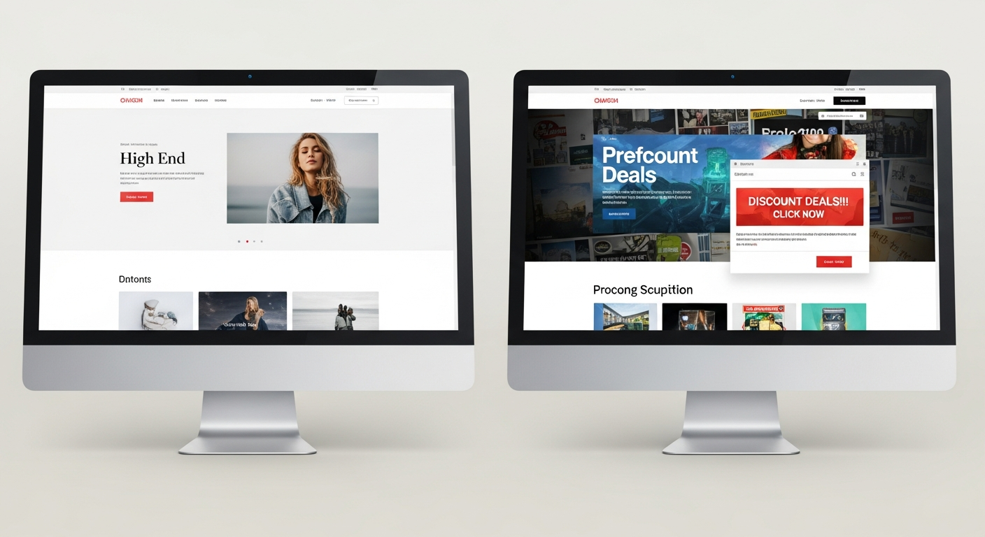 Hình ảnh so sánh song song một giao diện website chuyên nghiệp, sạch sẽ, hiện đại và một website lộn xộn, thiếu uy tín, cho thấy tầm quan trọng của thiết kế trong việc tạo ấn tượng đầu tiên.