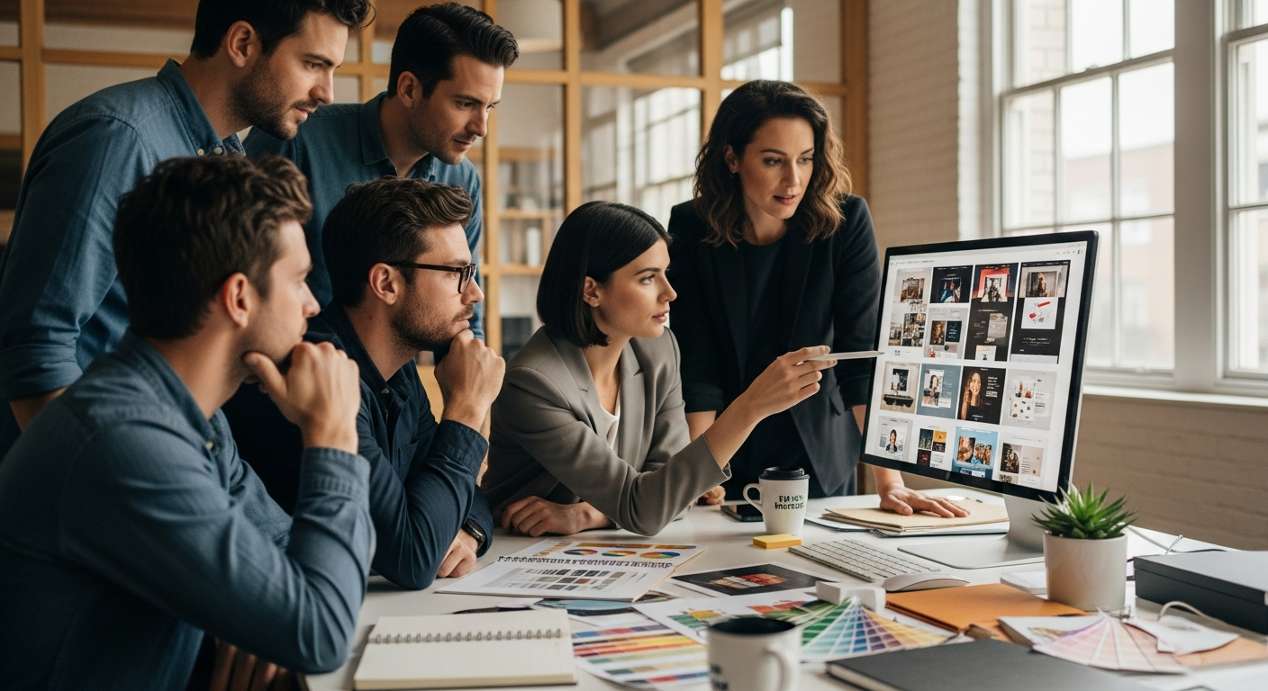 Một nhóm người đang thảo luận và xem xét các mẫu thiết kế website trên máy tính, thể hiện quá trình lựa chọn và đánh giá đối tác thiết kế web chuyên nghiệp