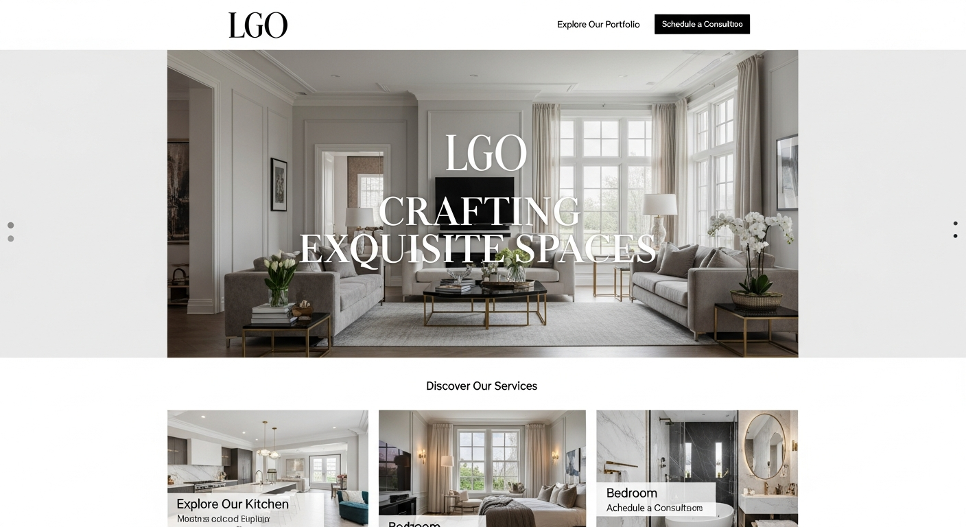 Hình ảnh một trang chủ website nội thất sang trọng với bố cục hiện đại, hình ảnh không gian sống động và các nút kêu gọi hành động rõ ràng.