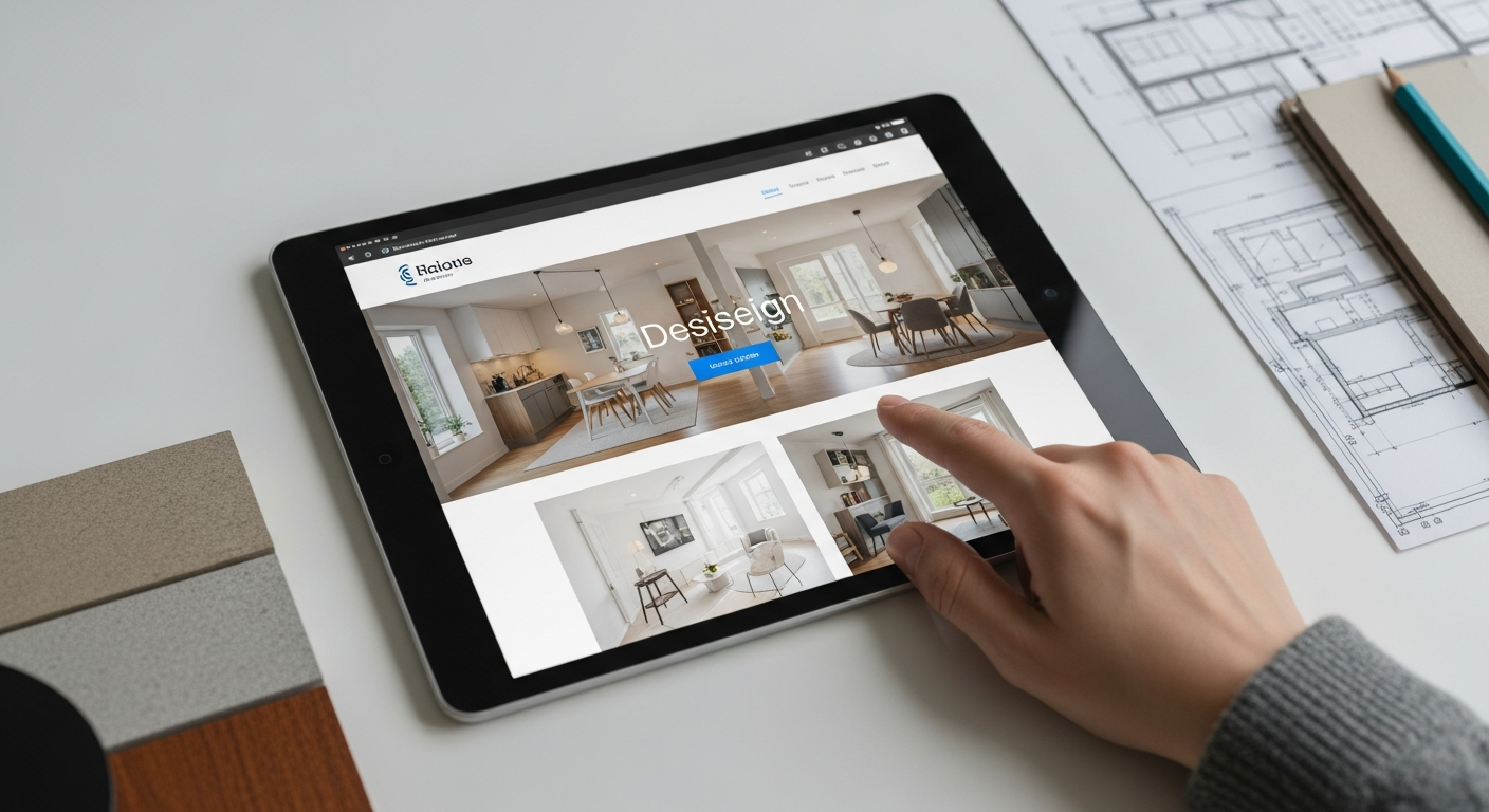 Một bàn tay đang lướt trên màn hình máy tính bảng hiển thị giao diện website thiết kế nội thất đẹp mắt, bên cạnh là các mẫu vật liệu và bản vẽ kiến trúc, thể hiện sự kết nối giữa công nghệ và sáng tạo nội thất