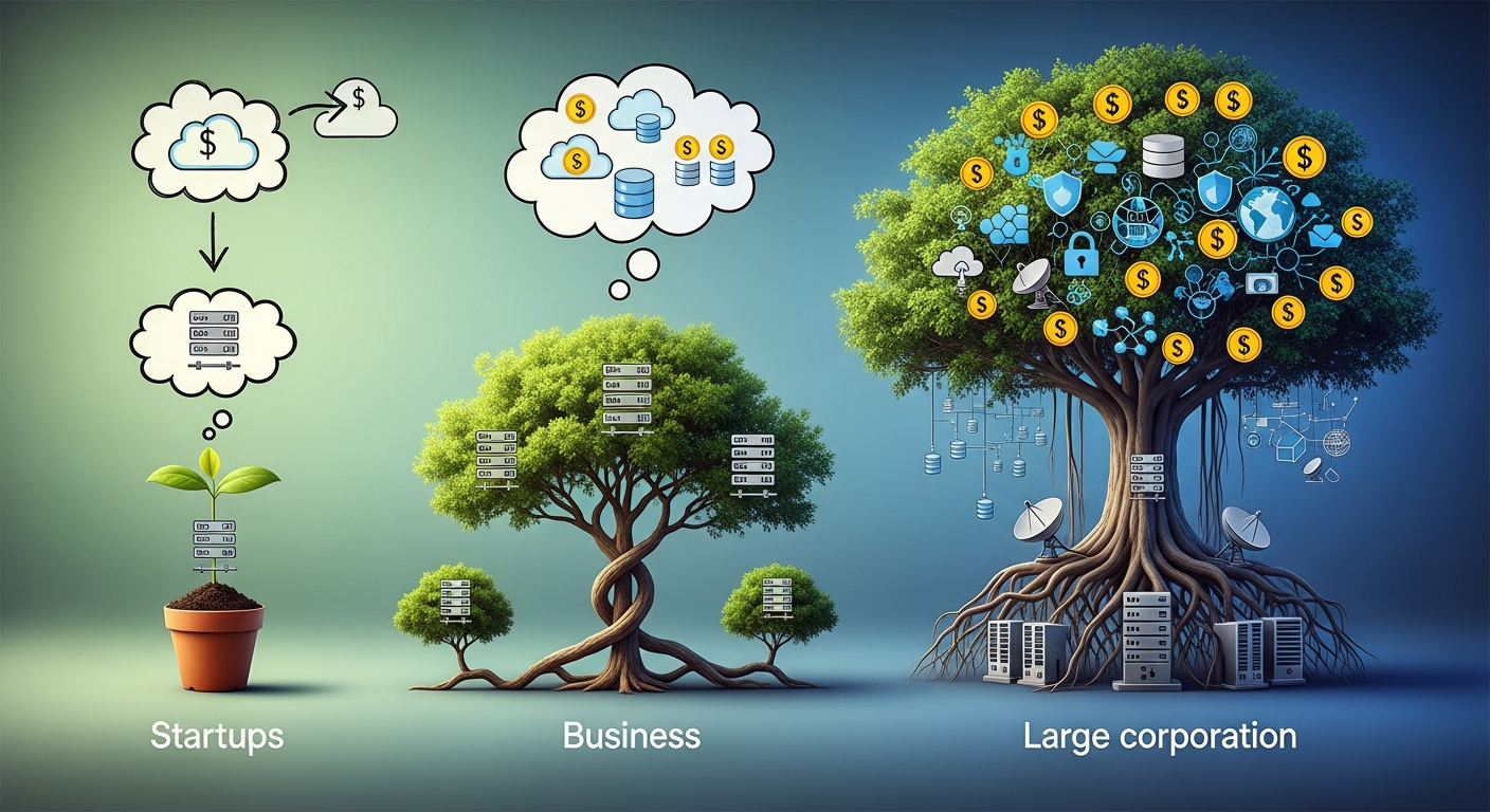 Minh họa các yếu tố chi phí hosting khác nhau dựa trên quy mô và loại hình doanh nghiệp, từ startup đến tập đoàn lớn.