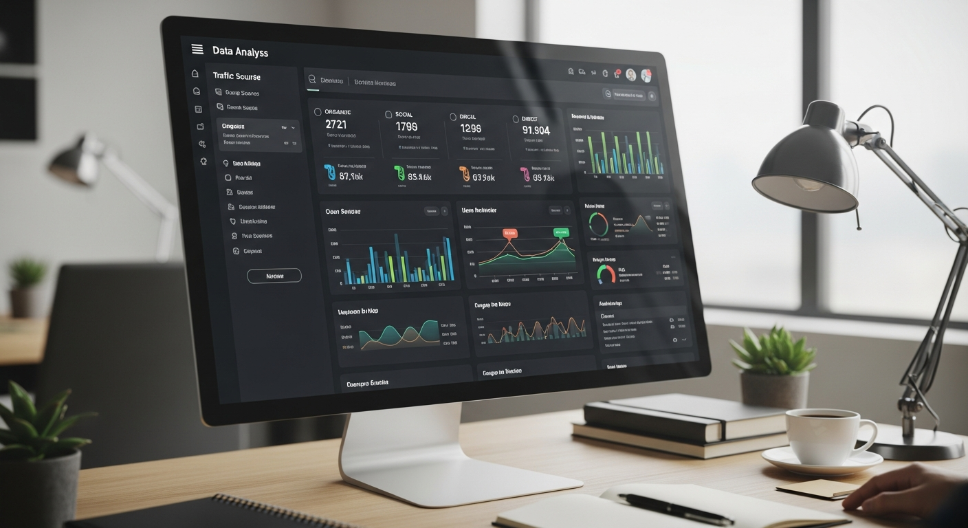 Biểu đồ phân tích dữ liệu website hiển thị các chỉ số về lưu lượng truy cập, hành vi người dùng và nguồn khách hàng, giúp doanh nghiệp SME đưa ra quyết định kinh doanh thông minh.