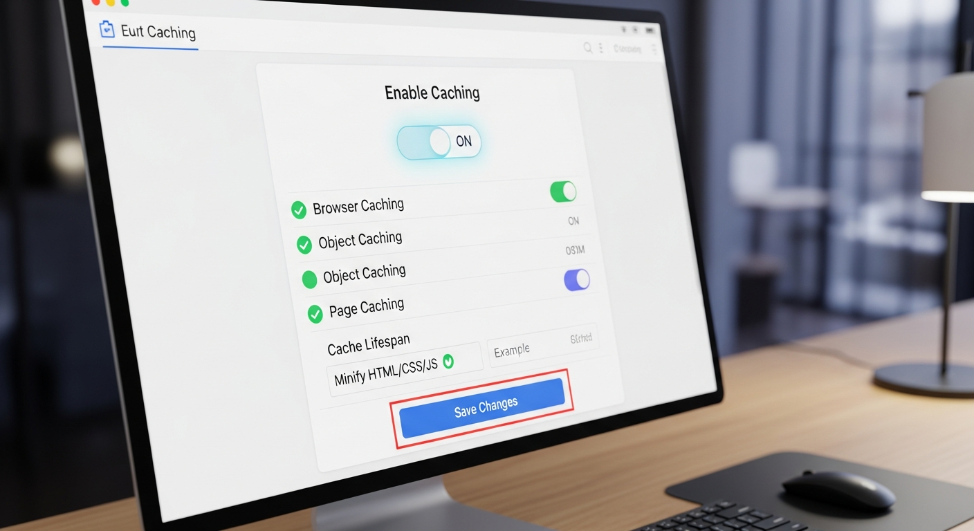 Giao diện một plugin caching phổ biến cho WordPress, hiển thị các tùy chọn cấu hình để bật tính năng bộ nhớ đệm và tăng tốc website.