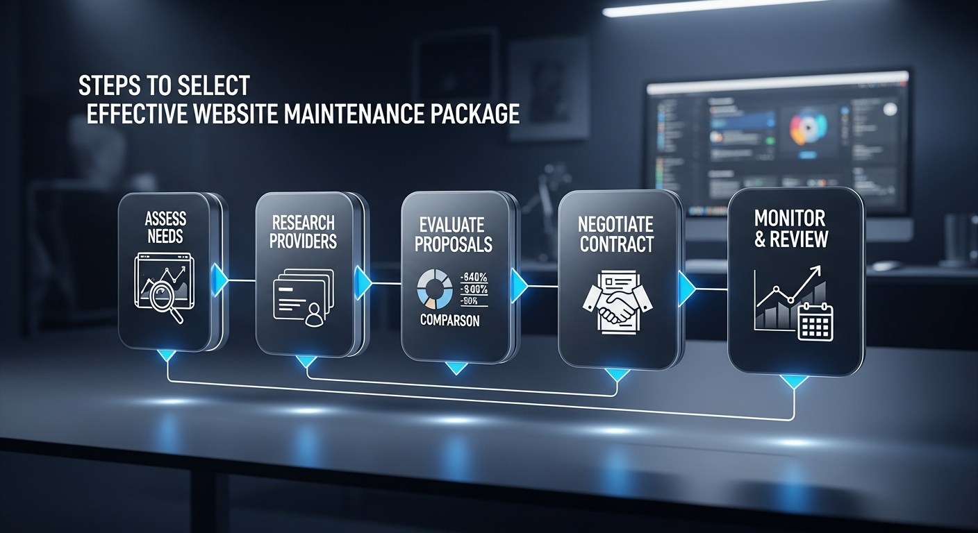Hình ảnh biểu đồ các bước để lựa chọn một gói duy trì website hiệu quả, từ đánh giá nhu cầu đến đàm phán hợp đồng, đảm bảo tính bền vững và tối ưu chi phí.