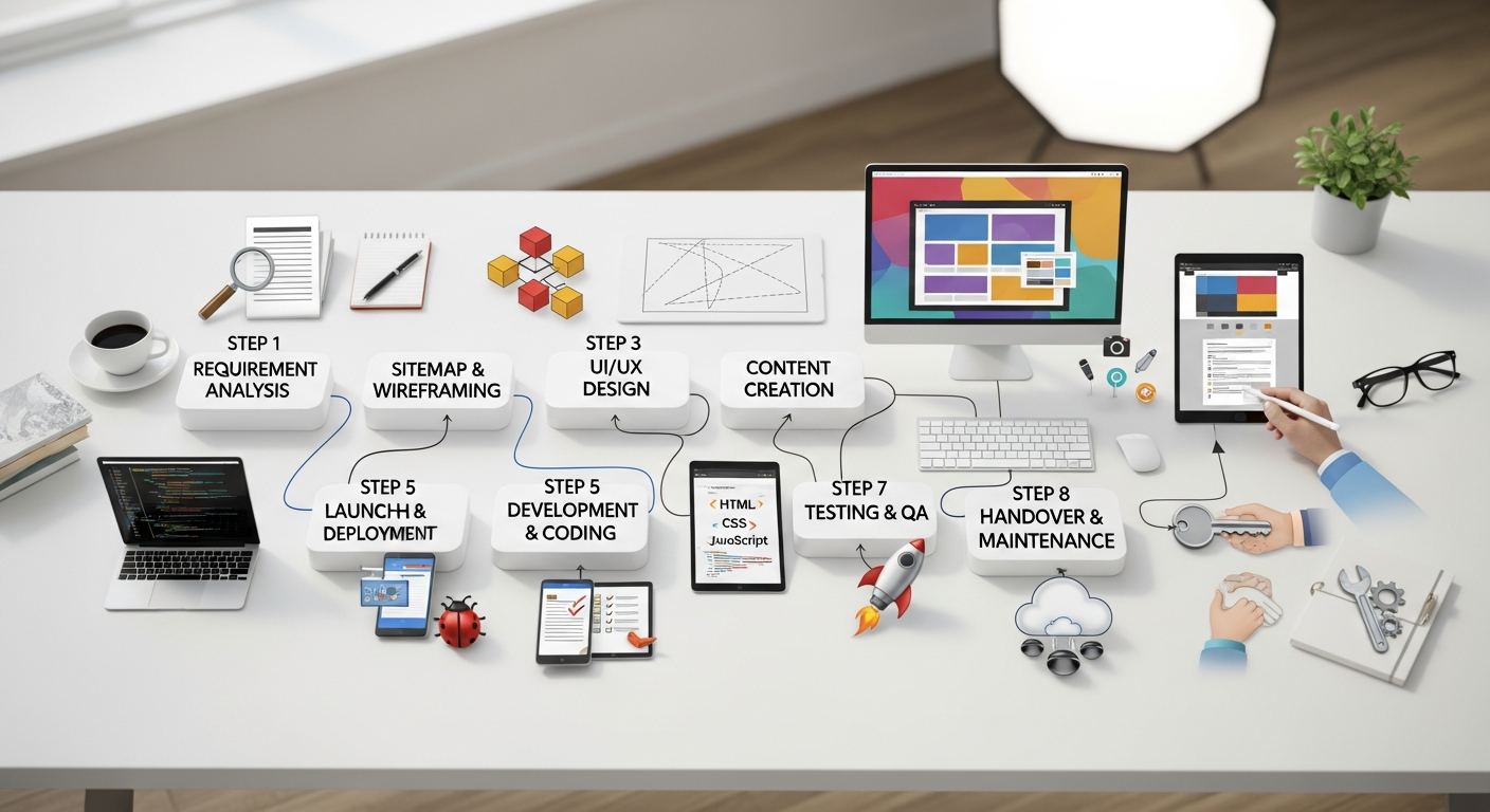 Biểu đồ dòng chảy hoặc hình ảnh minh họa các bước trong quy trình thiết kế website, từ phân tích yêu cầu đến bàn giao và bảo trì, với các biểu tượng liên quan đến thiết kế và lập trình