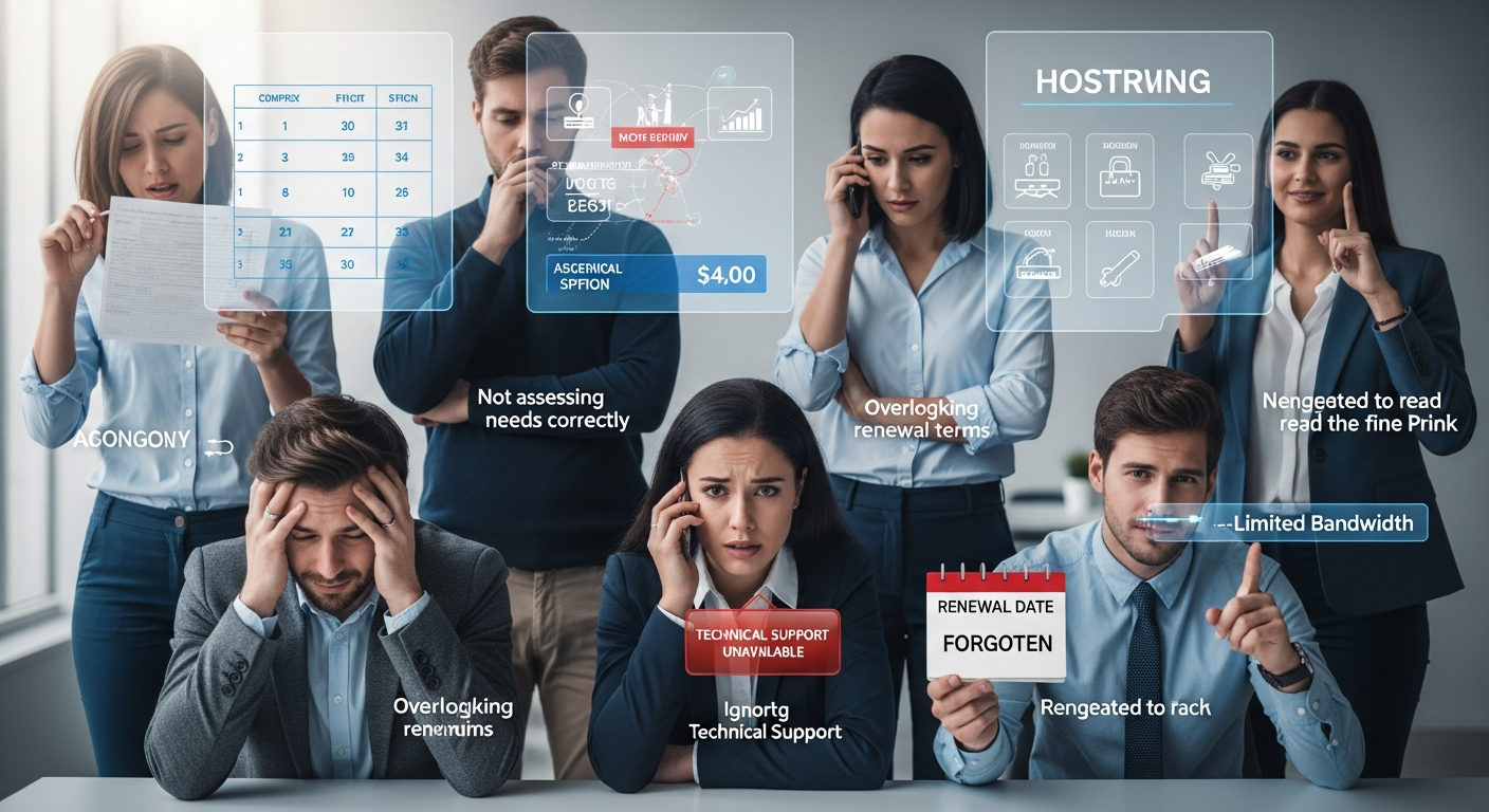 Minh họa những sai lầm thường gặp khi người dùng lựa chọn gói dịch vụ hosting, từ việc không đánh giá đúng nhu cầu đến bỏ qua yếu tố hỗ trợ kỹ thuật.
