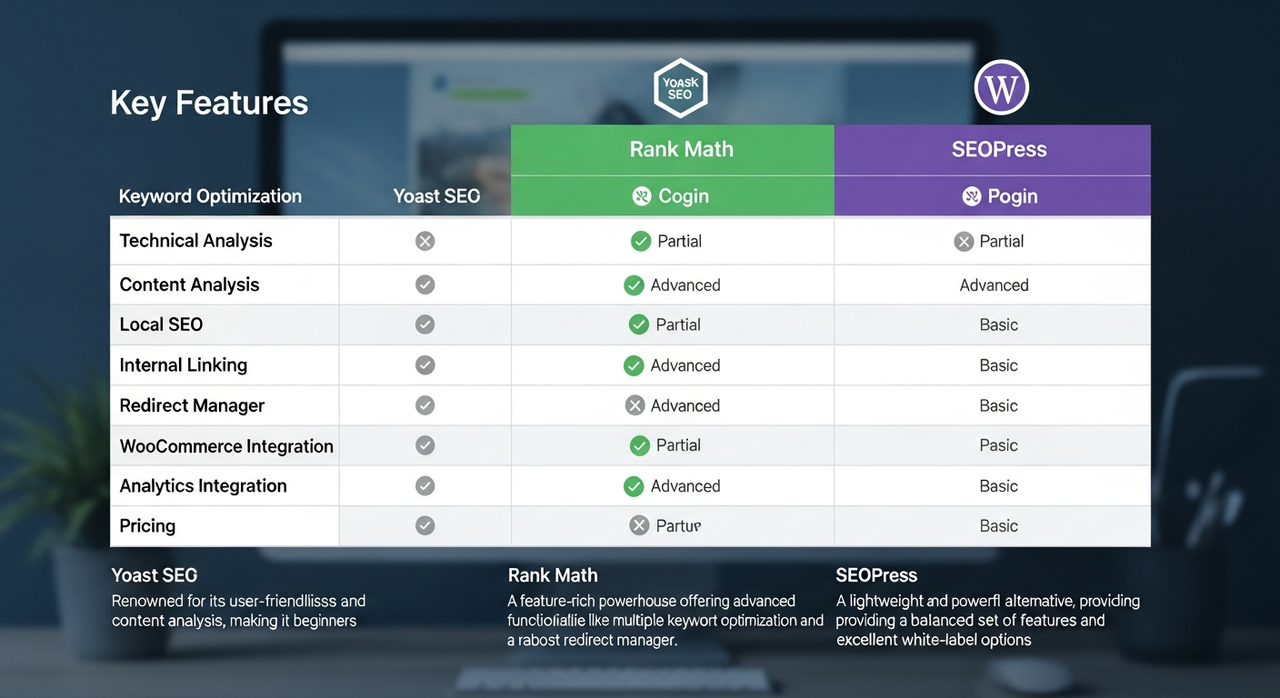 Biểu đồ hoặc hình ảnh minh họa so sánh các tính năng chính của ba plugin SEO hàng đầu: Yoast SEO, Rank Math và SEOPress, nhấn mạnh điểm mạnh của từng công cụ.