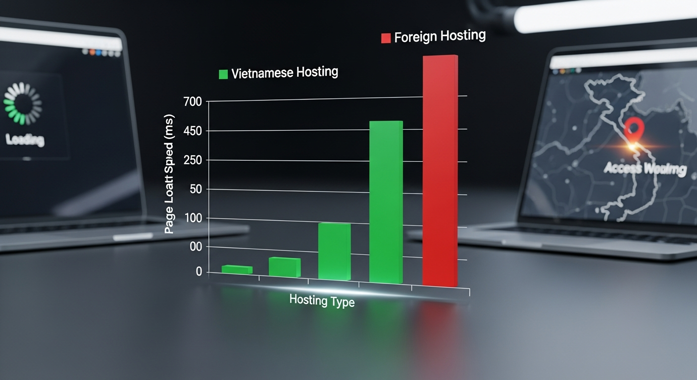 Biểu đồ minh họa sự khác biệt về tốc độ tải trang giữa hosting Việt Nam và hosting nước ngoài khi truy cập từ cùng một vị trí địa lý tại Việt Nam.