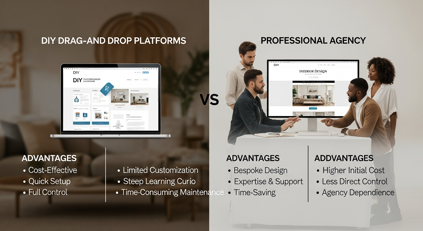 Hình ảnh bảng so sánh trực quan giữa việc tự xây dựng website nội thất bằng các nền tảng kéo thả và việc thuê một agency chuyên nghiệp, nêu bật ưu nhược điểm của từng phương án.