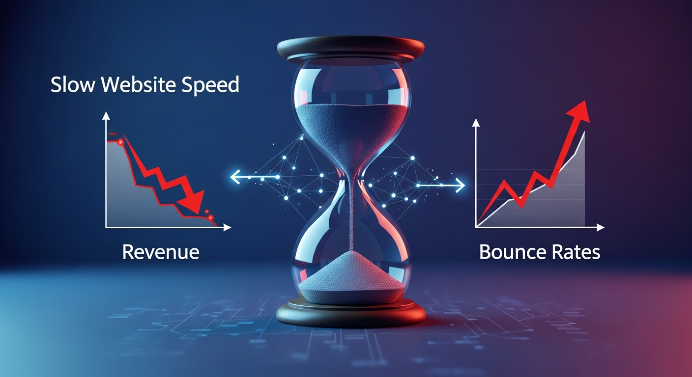 Hình ảnh đồ họa mô tả mối liên hệ giữa tốc độ website chậm, tỷ lệ thoát trang cao và doanh thu sụt giảm, với các biểu tượng đồng hồ cát và mũi tên đi xuống.