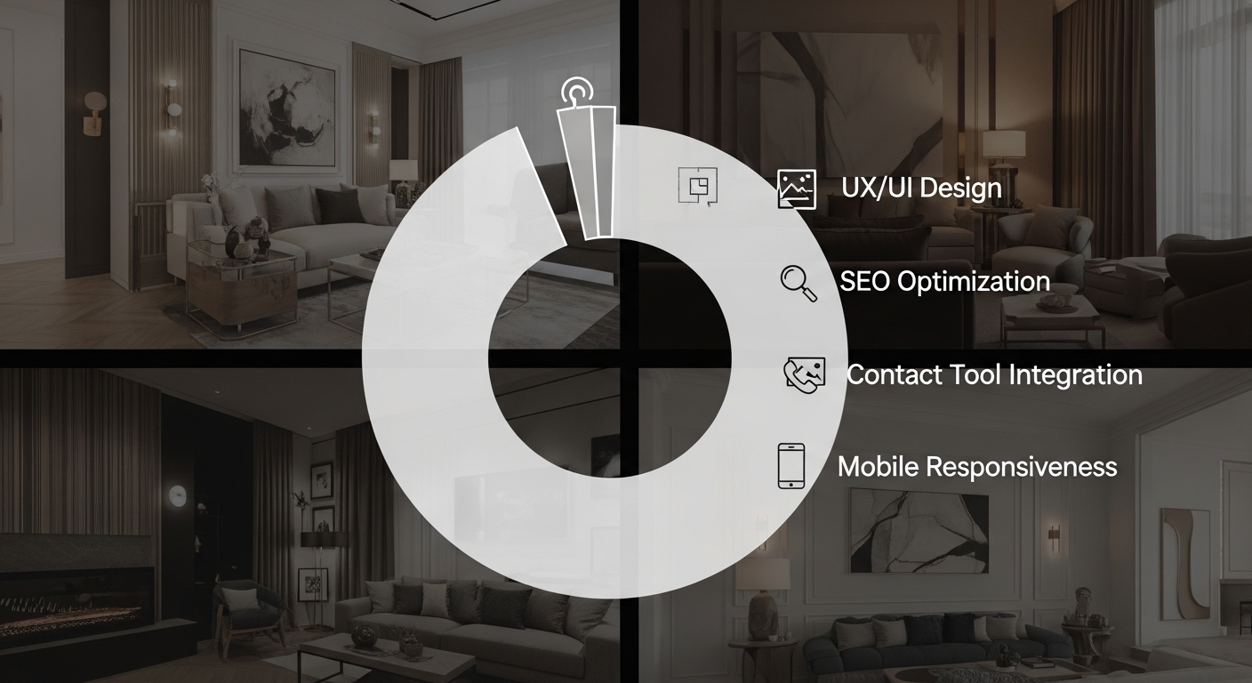 Biểu đồ hình tròn hoặc danh sách các yếu tố quan trọng của một website nội thất, như thiết kế UX/UI, tối ưu SEO, gallery dự án, tích hợp công cụ liên hệ, thân thiện di động