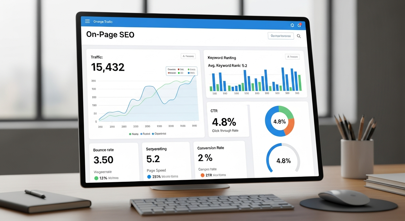 Biểu đồ và số liệu minh họa việc theo dõi và phân tích hiệu suất SEO Onpage, với các chỉ số như traffic, xếp hạng từ khóa và tỷ lệ click được hiển thị rõ ràng.