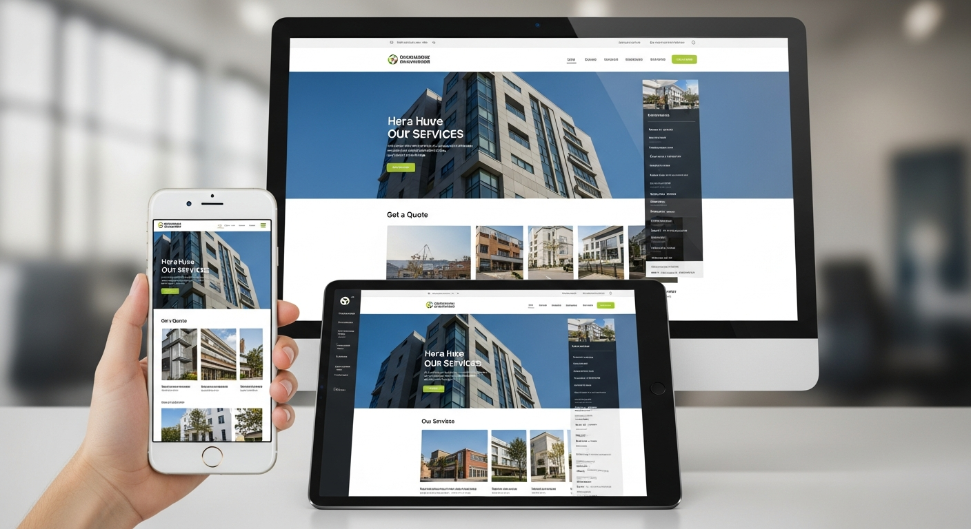 Minh họa giao diện website xây dựng hiển thị mượt mà trên nhiều thiết bị như điện thoại thông minh, máy tính bảng và máy tính để bàn, nhấn mạnh khả năng Responsive và Mobile-First.