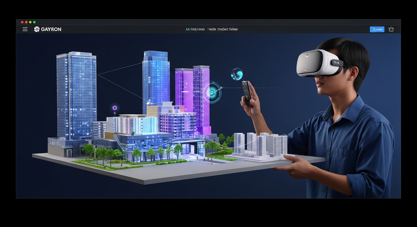 Mô hình kiến trúc 3D sống động trên website, hiển thị công nghệ thực tế ảo tăng cường AR và thực tế ảo VR, mang đến trải nghiệm tương tác cao cho người dùng khám phá dự án xây dựng.