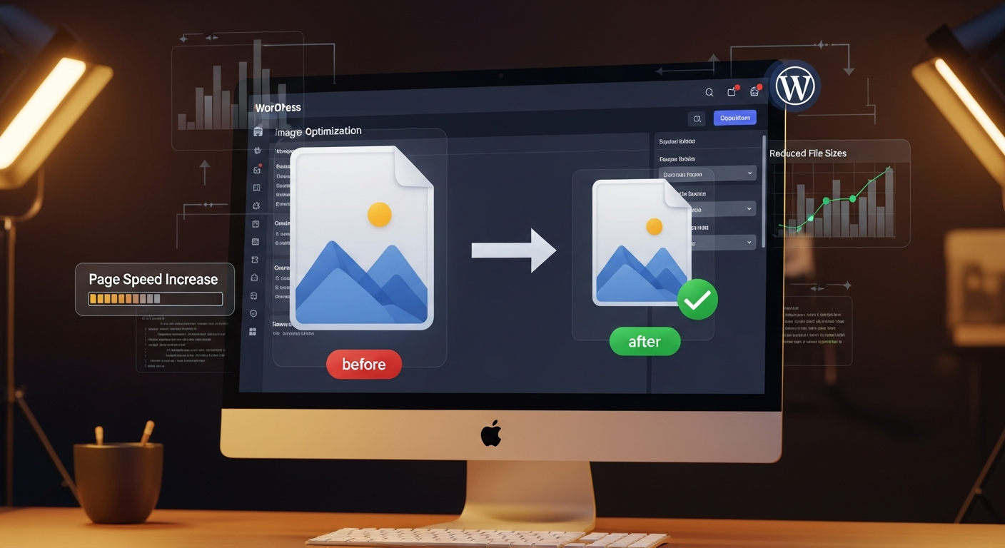 Minh họa quá trình nén và tối ưu hình ảnh trên một trang web WordPress giúp giảm dung lượng tệp và tăng tốc độ tải trang.